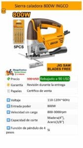 Sierra caladora 800W INGCO — con 5 hojas de corte gratis