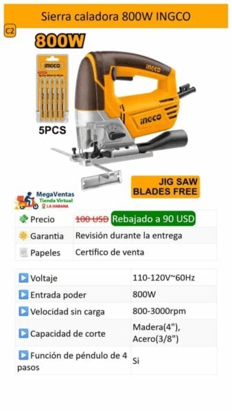 Sierra caladora 800W INGCO — con 5 hojas de corte gratis