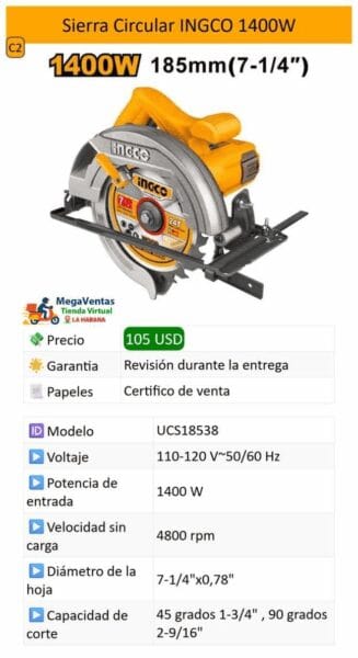 Sierra Circular INGCO — 1400W — 7 1/4 plg (185 mm)