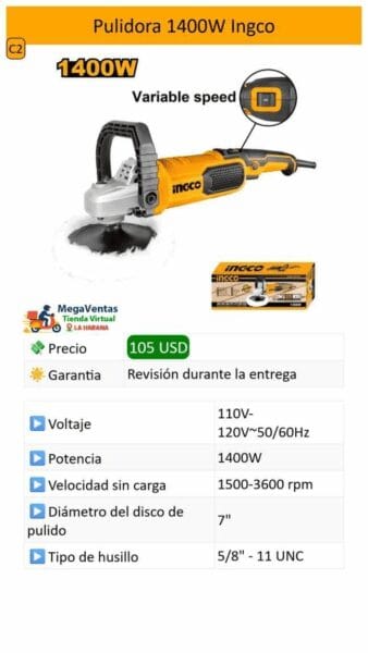 Pulidora INGCO — 1400W — Velocidad Variable