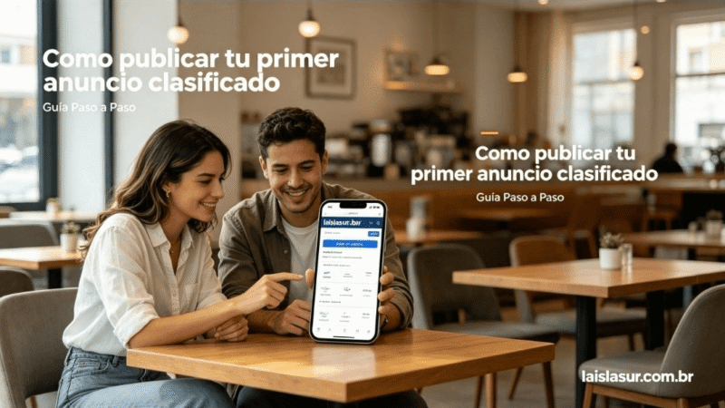 Dos personas en cafetería aprendiendo a publicar un anuncio clasificado en la isla sur