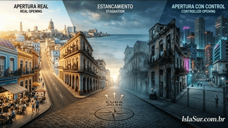 Cuba 2036: tres caminos hacia el futuro. Izquierda: Apertura Real — vida, progreso, luz. Centro: Estancamiento — medio camino, sin avanzar. Derecha: Apertura con Control — modernidad con límites. Marca de agua: IslaSur.com.br