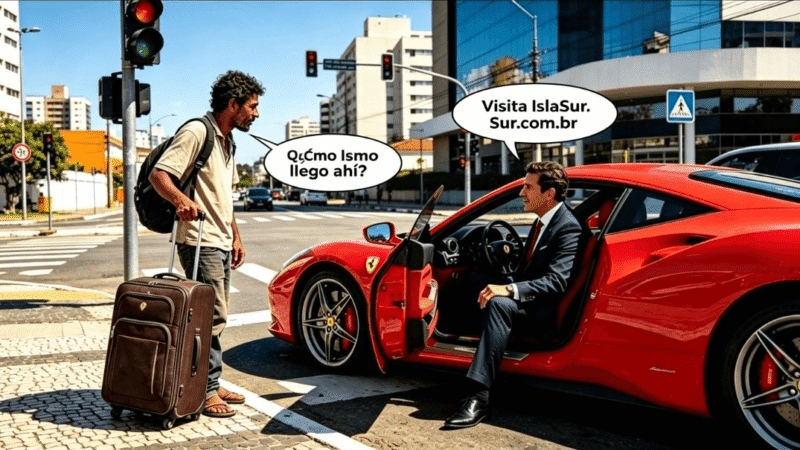 Inmigrante con maleta conversa con empresario en Ferrari rojo en semáforo de ciudad brasileña — aprende el secreto fiscal en IslaSur.com.br