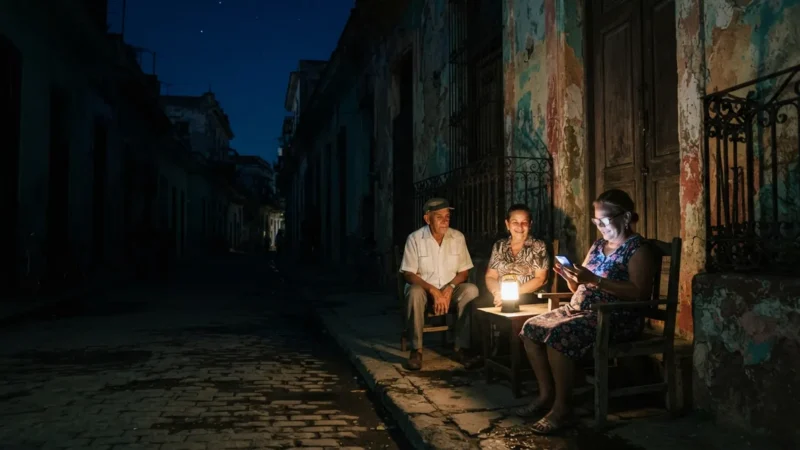 Apagones en Cuba: vecinos en el portal de una casa de La Habana iluminados por una lámpara recargable