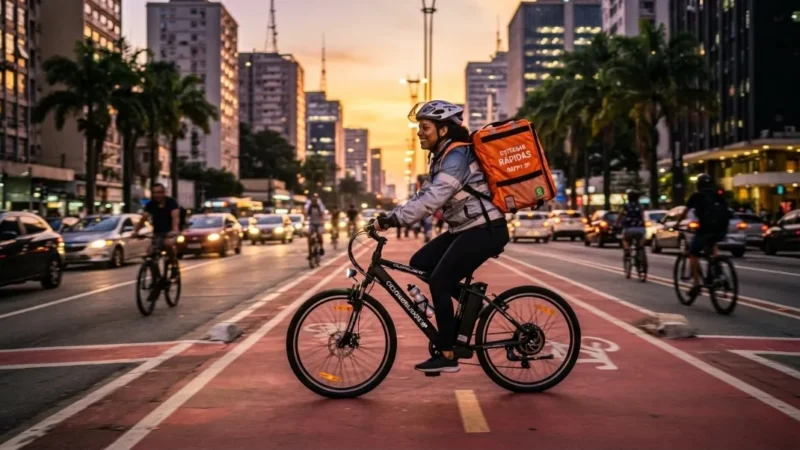 Bicicletas eléctricas en Brasil: ciclista con casco en una ciclovía de São Paulo