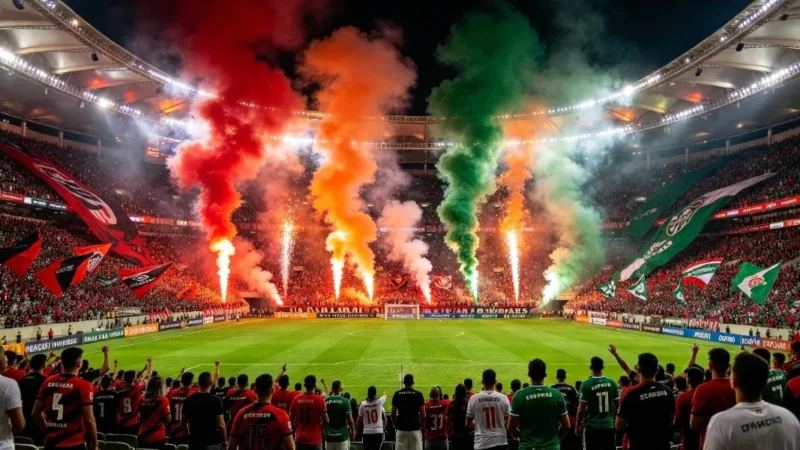 Brasileirão 2026: estadio lleno de noche con humo rojo y verde, bengalas y banderas de las hinchadas en la recta final