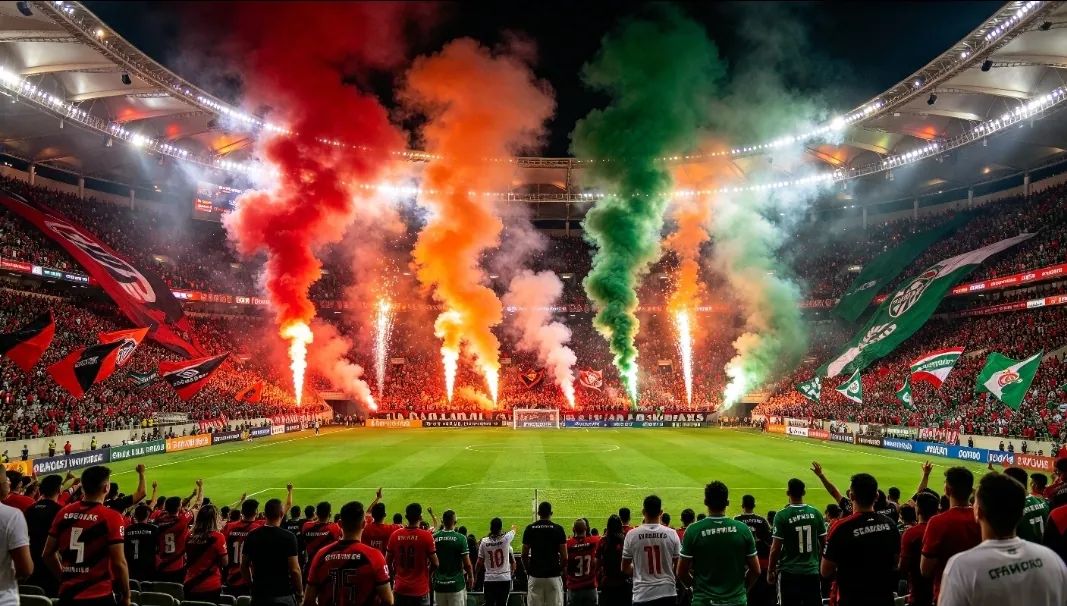 Brasileirão 2026: estadio lleno de noche con bengalas y banderas en la recta final