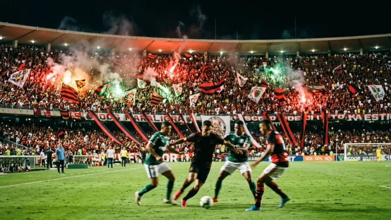 Brasileirão 2026: partido en un estadio lleno con bengalas y banderas