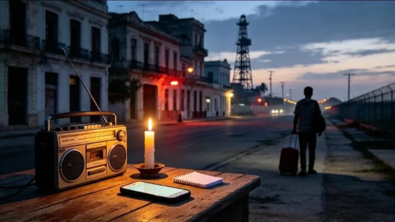Crisis en Cuba: radio, vela y celular en una mesa de La Habana durante el apagón, con un emigrante y su maleta al fondo