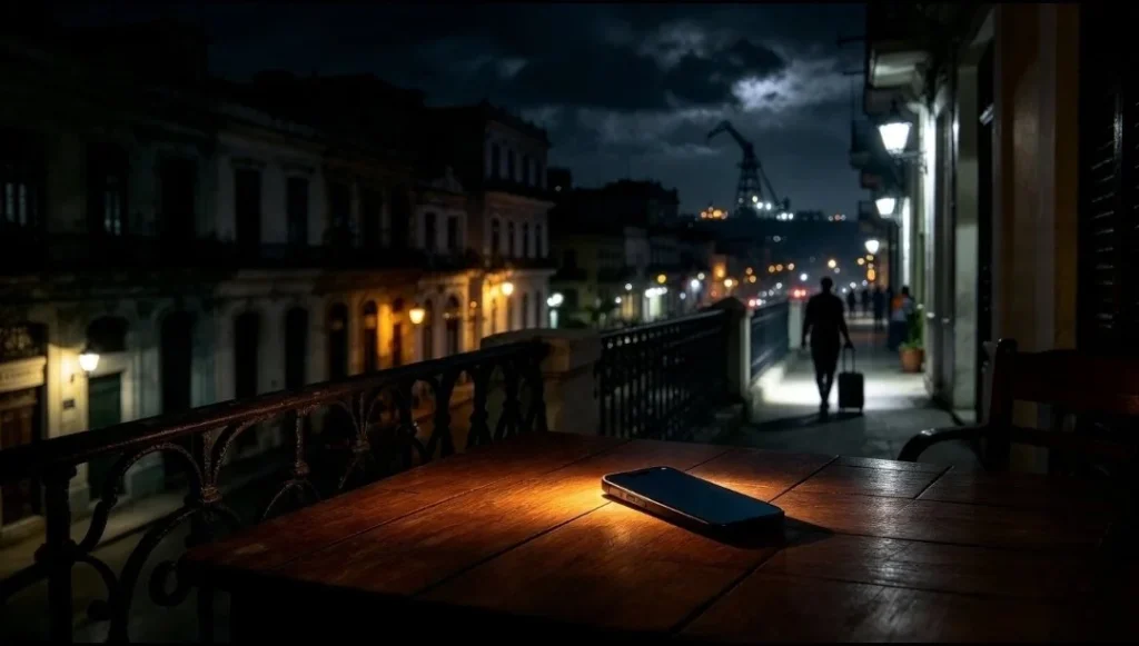 Crisis en Cuba: balcón de La Habana a oscuras, un celular sobre la mesa y un emigrante con su maleta en la calle