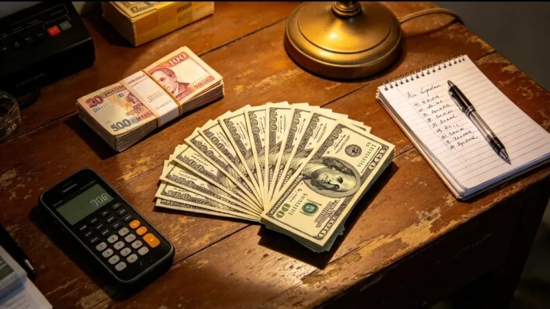 Dólar en Cuba 18 de octubre: billetes de 100 dólares en abanico, calculadora y libreta de cuentas sobre una mesa de madera