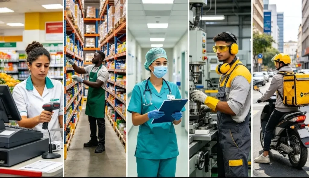 Segundo turno 2026 y escala 6x1: cajera, repositor, enfermera, obrero y motoboy, trabajadores de Brasil.