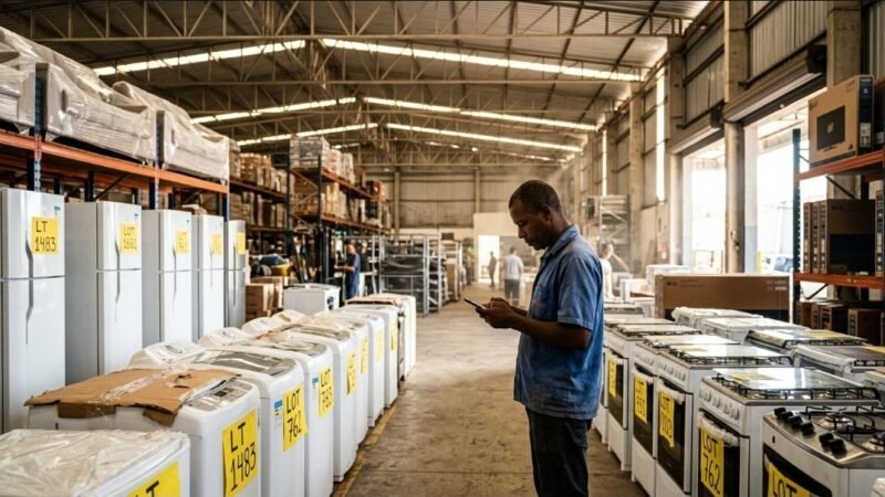Leilão de Casas Bahia: hombre revisa el celular frente a heladeras y fogones con etiquetas de lote