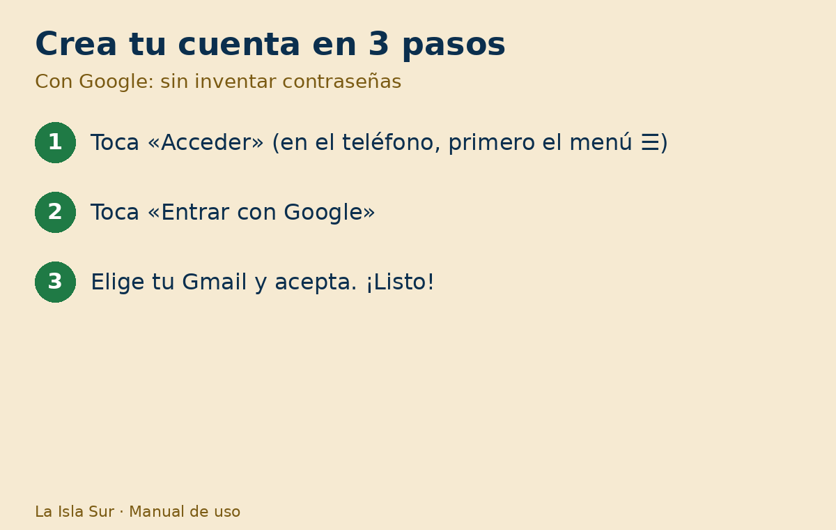 Manual de uso: crear tu cuenta en La Isla Sur en 3 pasos con Google