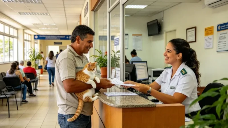 Registro de mascotas en Brasil: hombre con su gato entrega los papeles del RGA en la ventanilla de atención