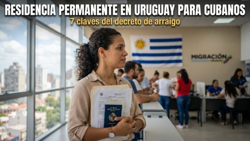 Residencia permanente en Uruguay: cubana con su pasaporte en la fila de la oficina de Migración