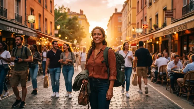Mujer recién llegada con mochila sonríe en una calle con cafés al atardecer, curso de idiomas de La Isla Sur