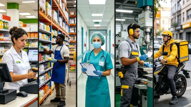 Foto realista horizontal 16:9, estilo fotoperiodismo, luz natural: cinco trabajadores brasileños de distintos oficios en un collage de cinco franjas verticales: una cajera de supermercado con uniforme y lector de códigos, un repositor de estantes en un almacén, una enfermera con gorro y mascarilla, un obrero de fábrica con protector de oídos amarillo y gafas, y un repartidor en moto con la mochila. Gente común, de piel y edades variadas, cansados pero dignos. Colores fuertes, contraste alto, nítido. Sin texto, sin logotipos, sin personas famosas.
